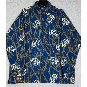 VTG FUBU Shirt Mens L Blue Dragon Bamboo Button Down Streetwear Long Sleeve